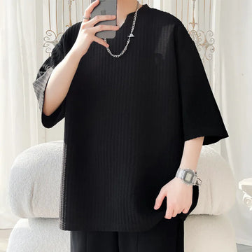 Riolio Summer Short Sleeved T-shirt Men Casual Pleated T Shirt Men Streetwear Hip-hop Loose Striped T Shirt Mens Top Plus Size 5XL